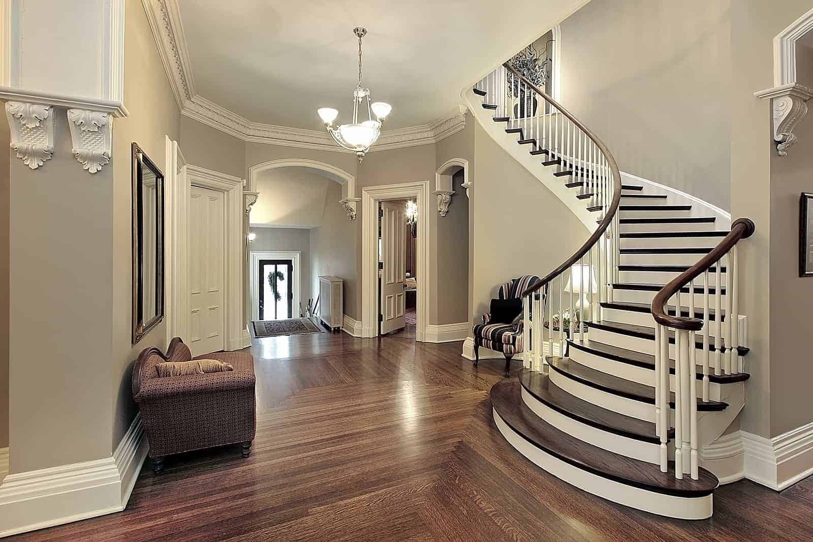 Elegant staircase with wooden steps and white risers